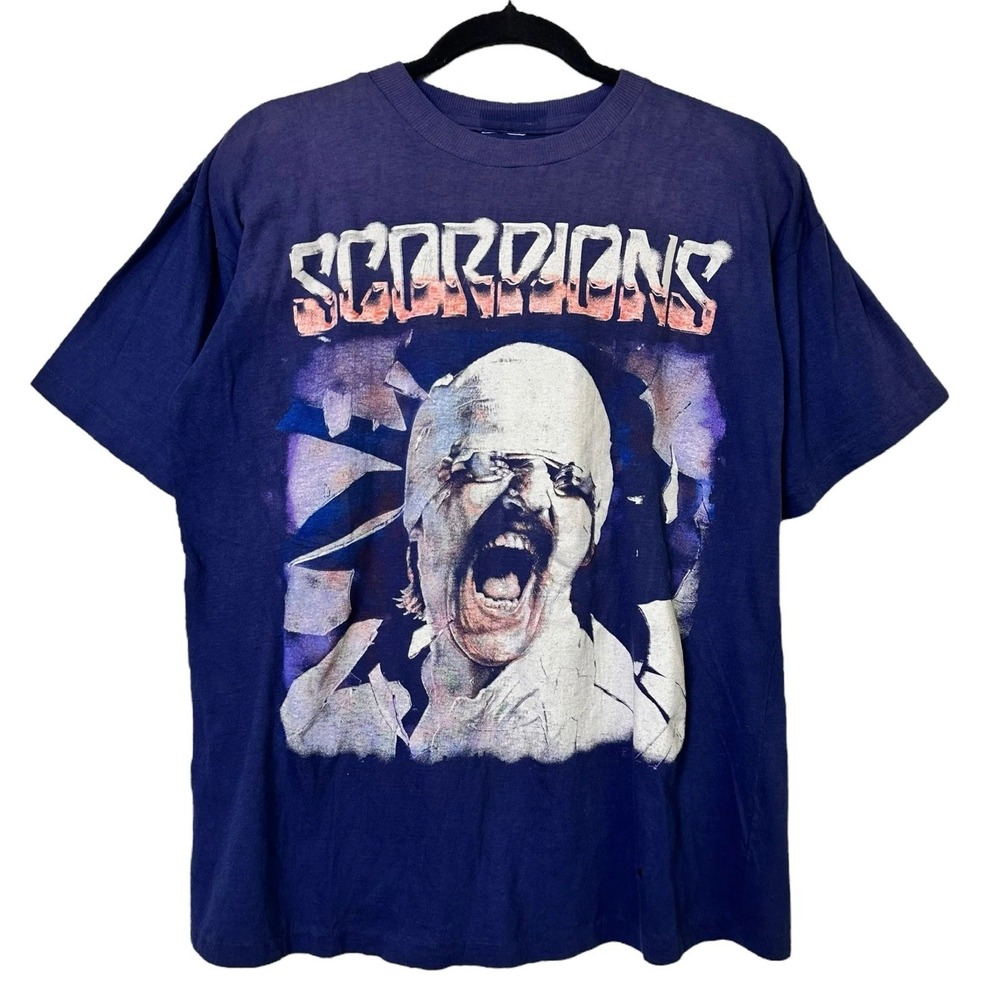 80s Scorpions European Tour T-Shirt Sz L (B2211) Vintage Band Shirt Blue